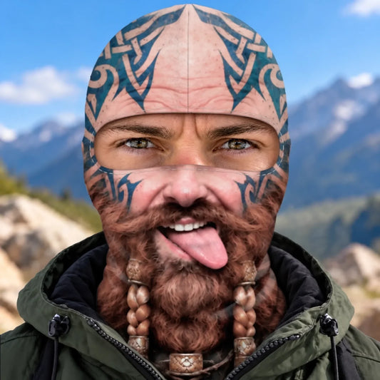 Front view of Viking print balaclava with blue tattoo artwork, a printed braided beard and tongue-out face.