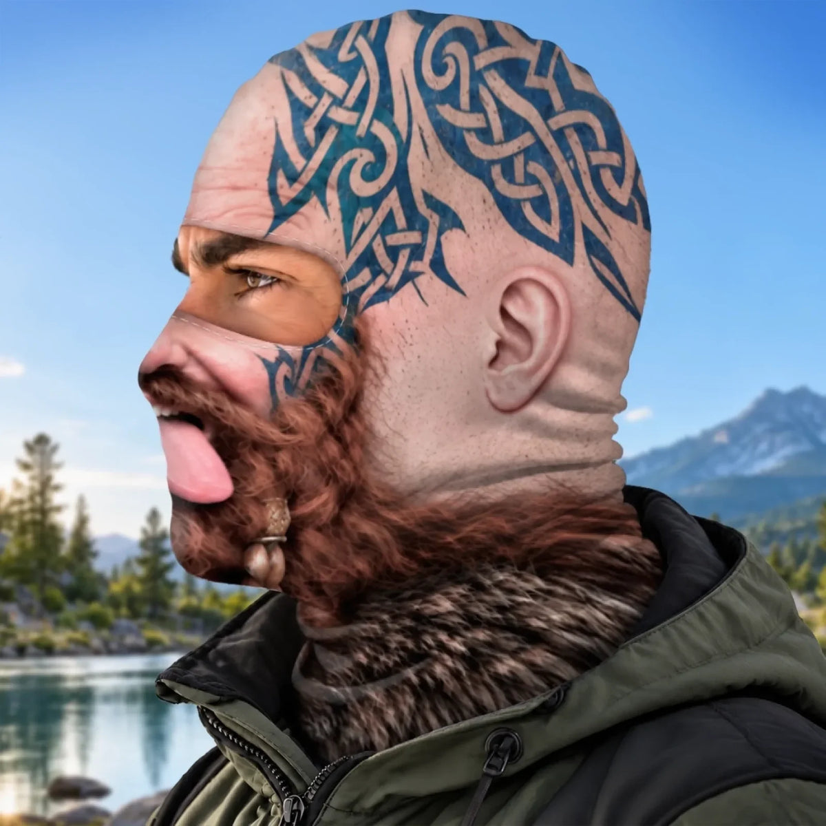 Side view of the same Viking print balaclava with blue tattoo and beard artwork.