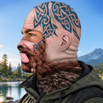 Side view of the same Viking print balaclava with blue tattoo and beard artwork.