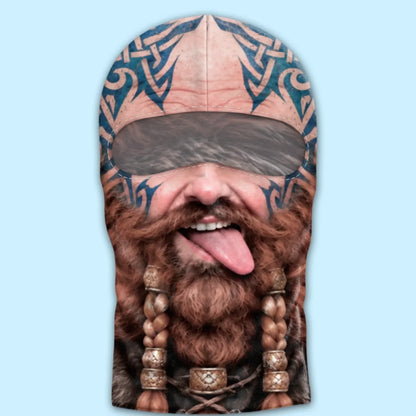 Viking braided-beard print balaclava laid flat, showing the eye opening and fixed blue tattoo design.
