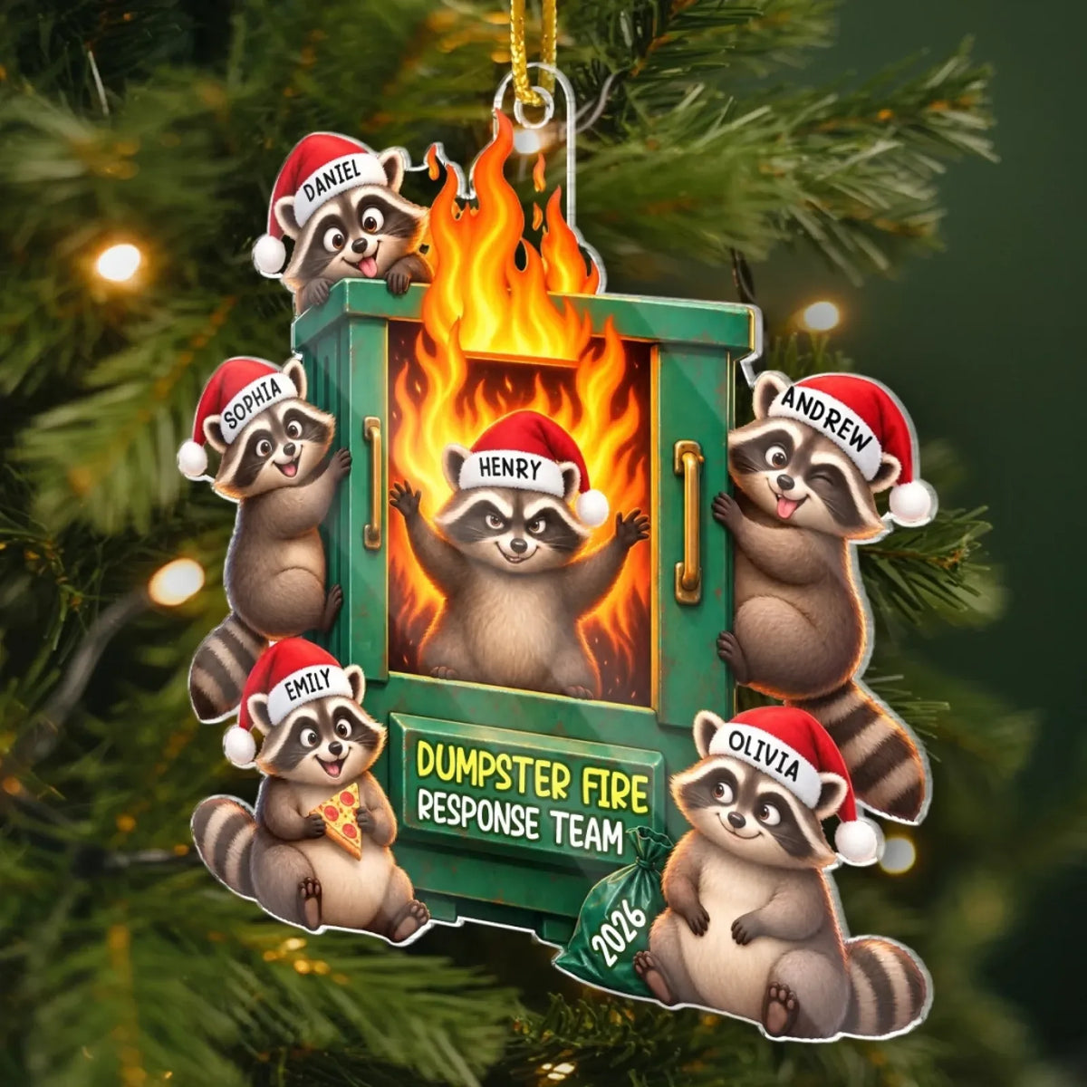 Raccoon dumpster-fire ornament hanging on a Christmas tree