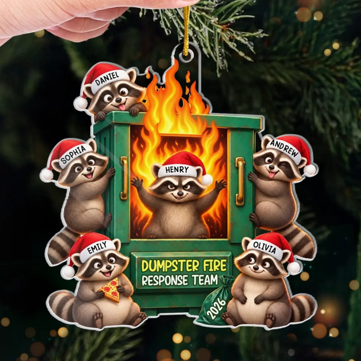 Hand holding the personalized raccoon response-team ornament