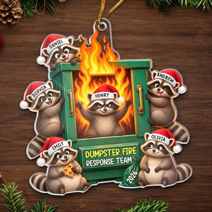 Flat view of the raccoon ornament with Santa hats and name examples