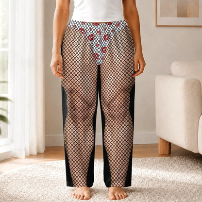 Front view of fishnet and red-kisses illusion pajama pants on an adult