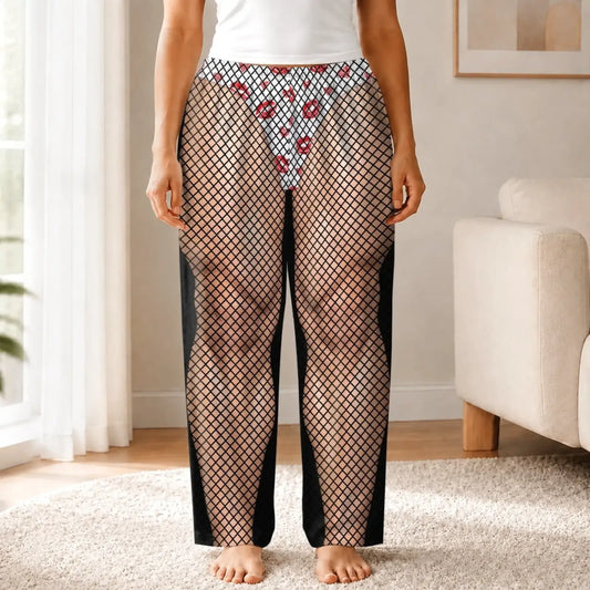 Front view of fishnet and red-kisses illusion pajama pants on an adult