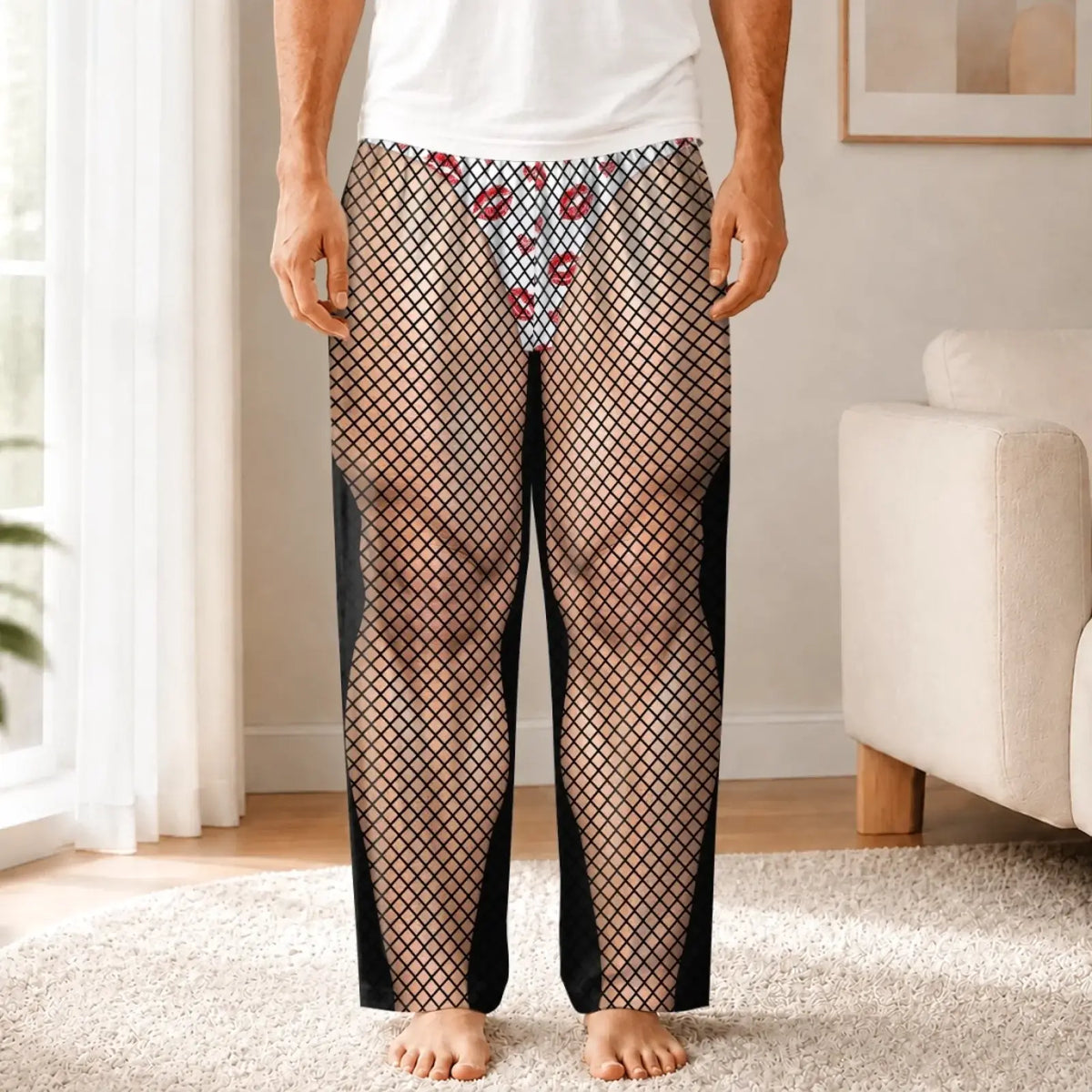 Adult wearing fishnet and red-kisses illusion pajama pants