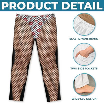 Pajama pants detail guide showing elastic waistband, side pockets and wide-leg cut