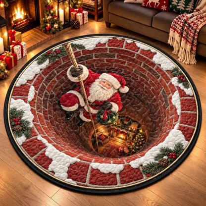 Round mat with a printed Santa climbing down a brick chimney illusion