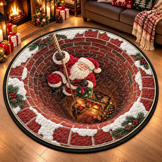 Round mat with a printed Santa climbing down a brick chimney illusion