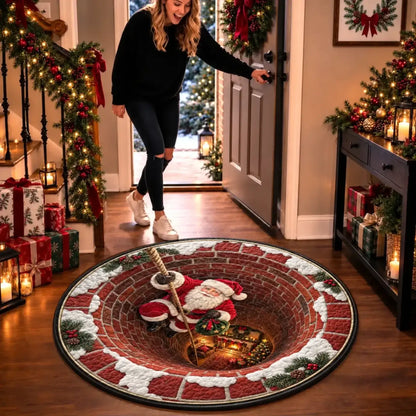 Santa chimney-print round mat beside an entryway