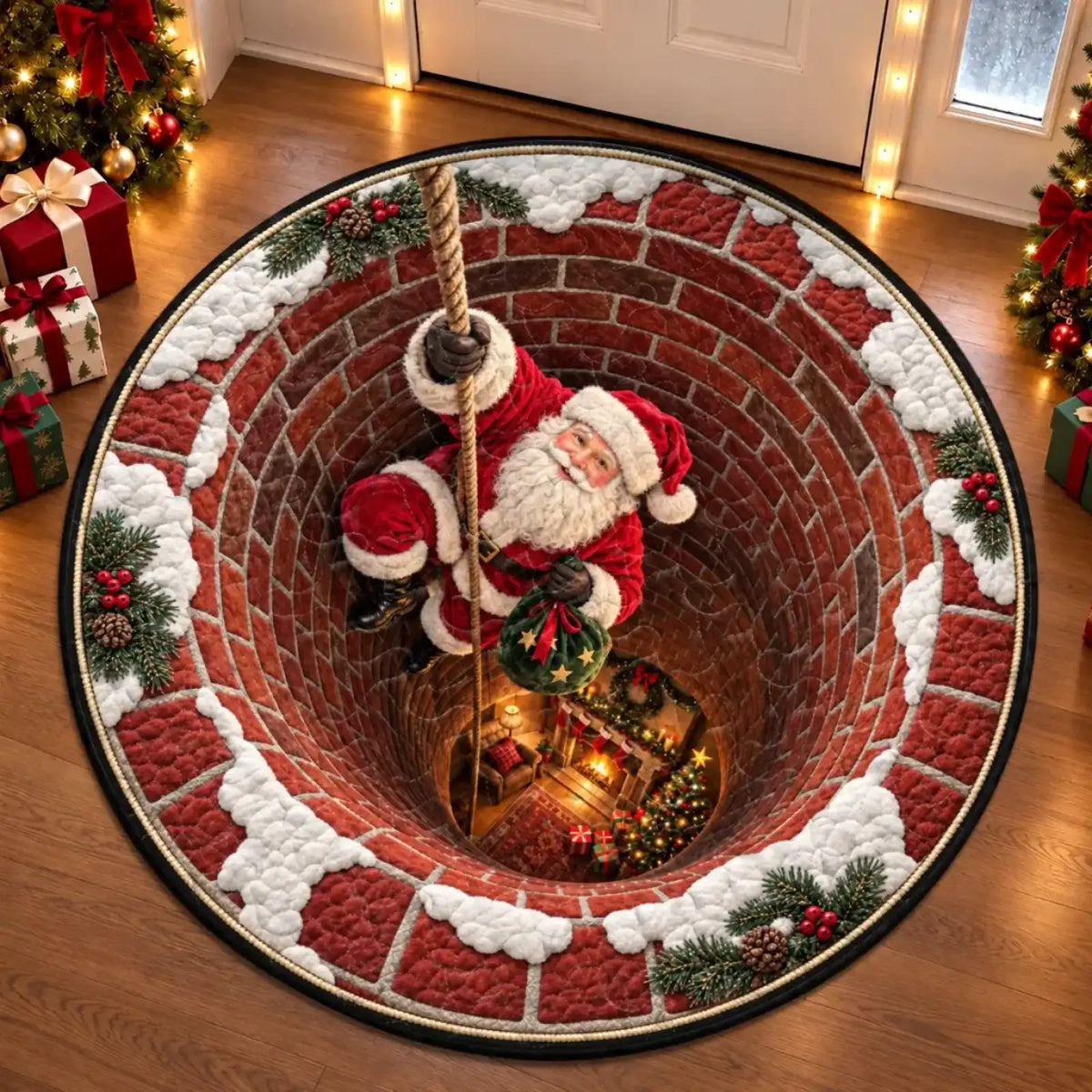 Overhead view of the Santa chimney illusion round mat