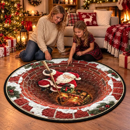 Adult and child beside the Christmas Santa-print round mat