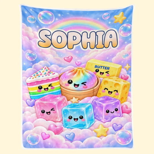 Rainbow sweets and bubble characters blanket with example name Sophia