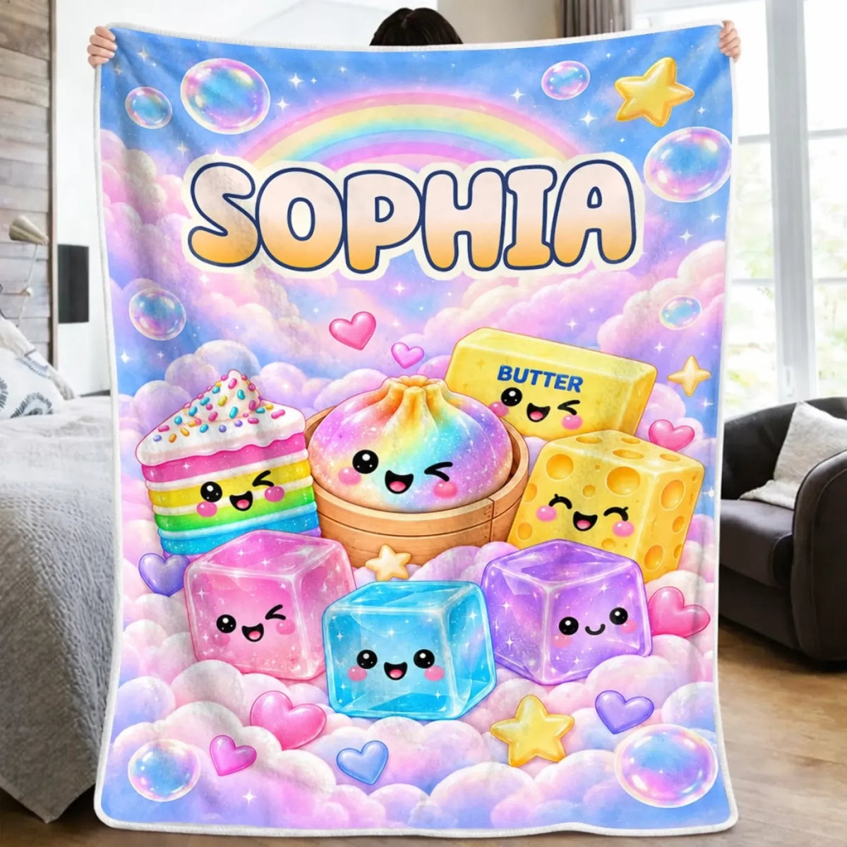 Personalized rainbow character blanket held upright