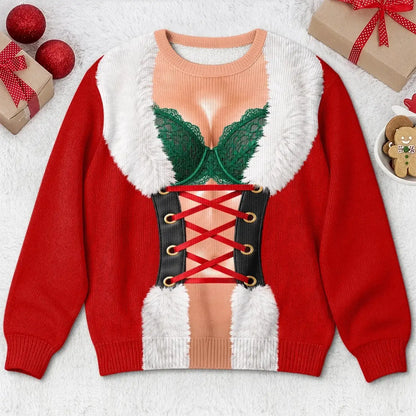 Flat front view of Santa corset-illusion sweatshirt showing printed body, corset and white trim