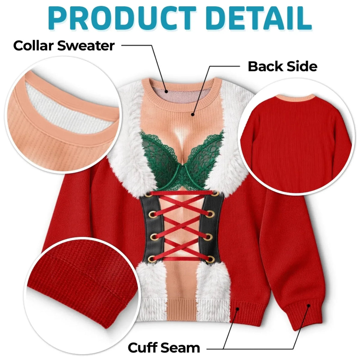 Detail views of Santa corset-illusion sweatshirt neckline, cuffs and plain red back