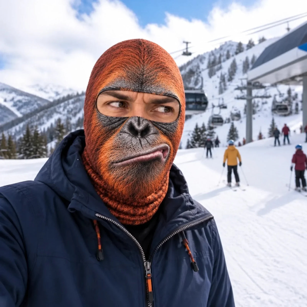 Orange Ape print balaclava worn outdoors; clothing not included