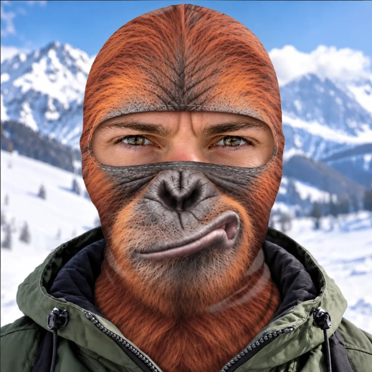 Orange Ape print balaclava shown from the front on a model