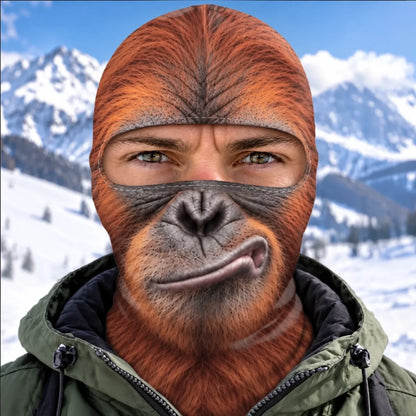 Orange Ape print balaclava shown from the front on a model