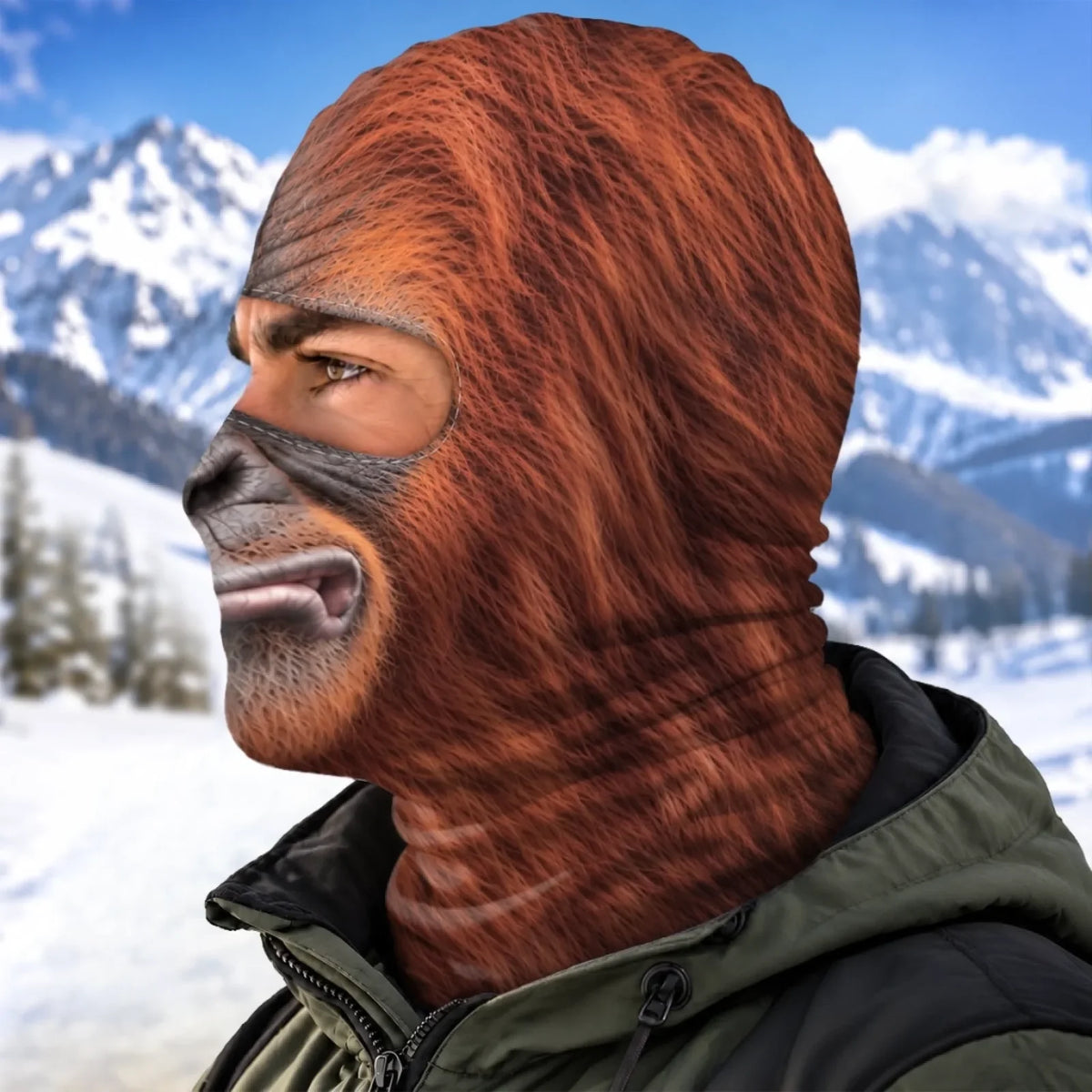 Side view of Orange Ape print balaclava showing the printed fur pattern