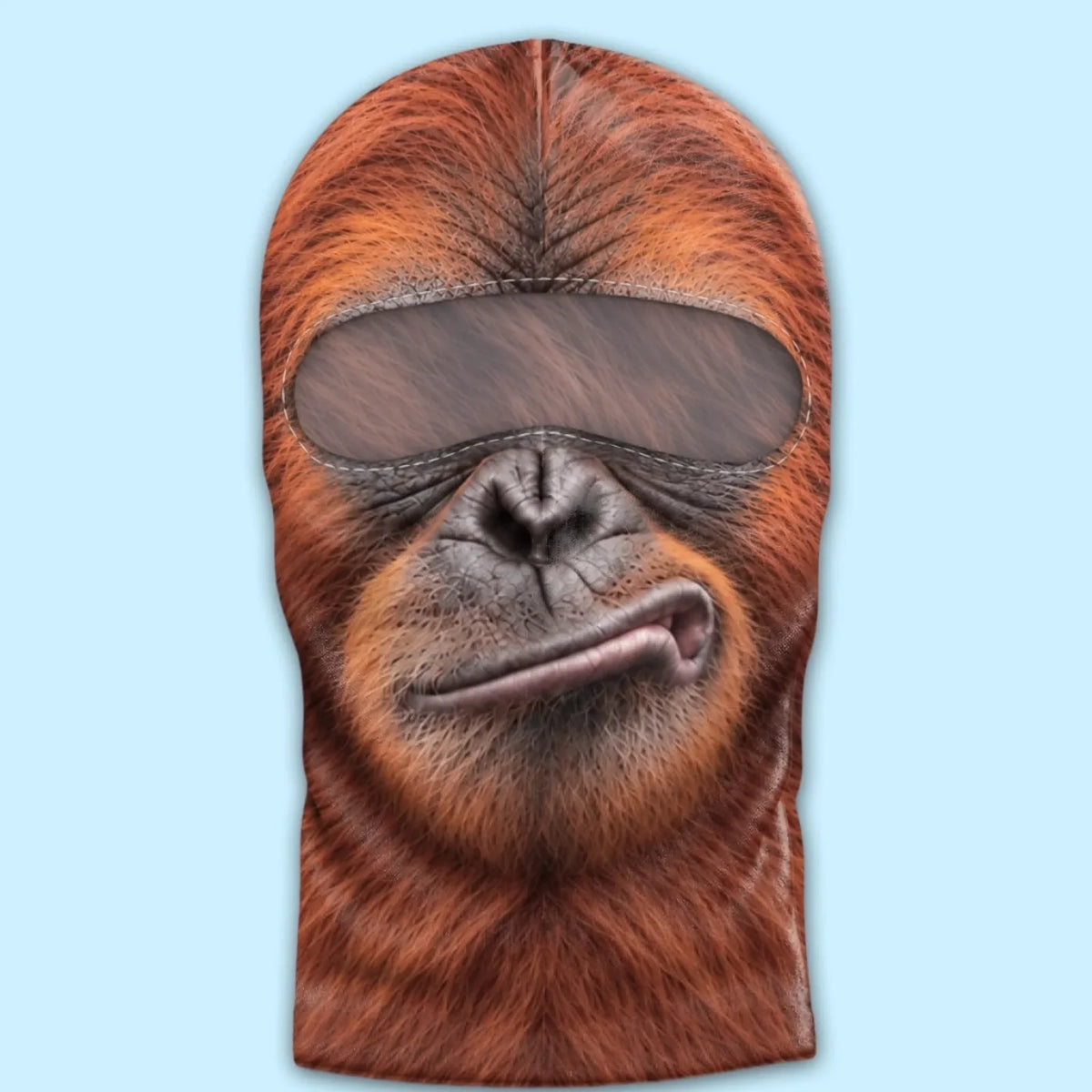 Front product view of Orange Ape print balaclava with eye opening