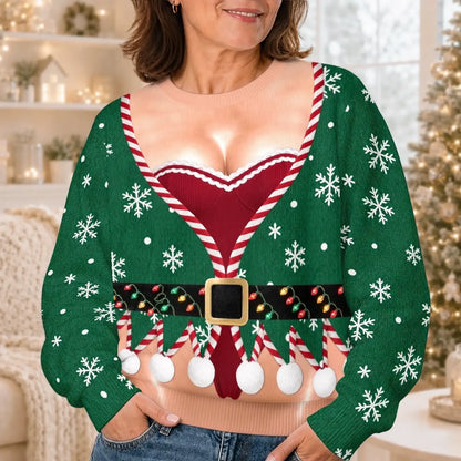 Front fit view of green elf-illusion sweatshirt with printed body, red bodice and white pom-poms