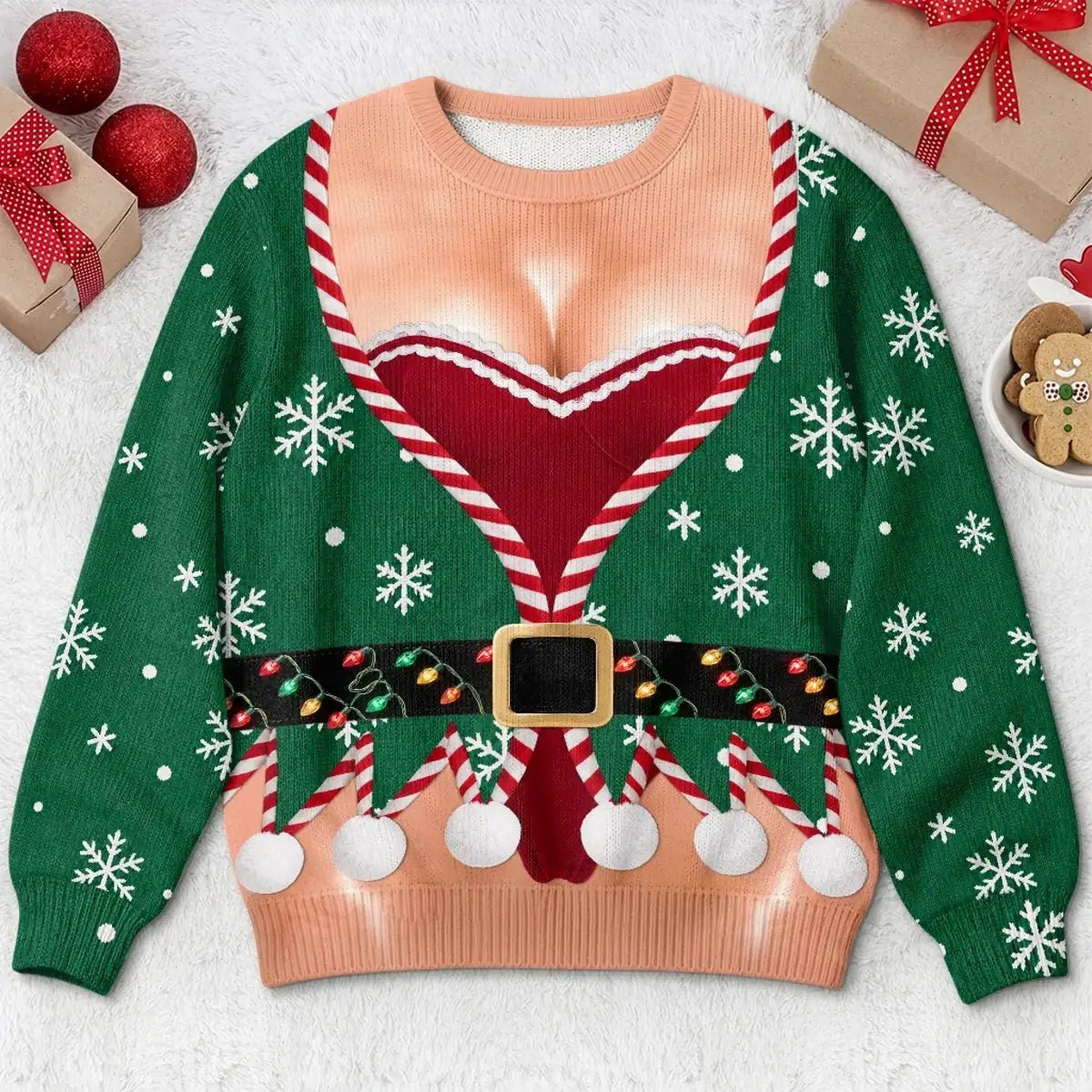 Flat front view of green Christmas sweatshirt with flat printed elf-outfit artwork