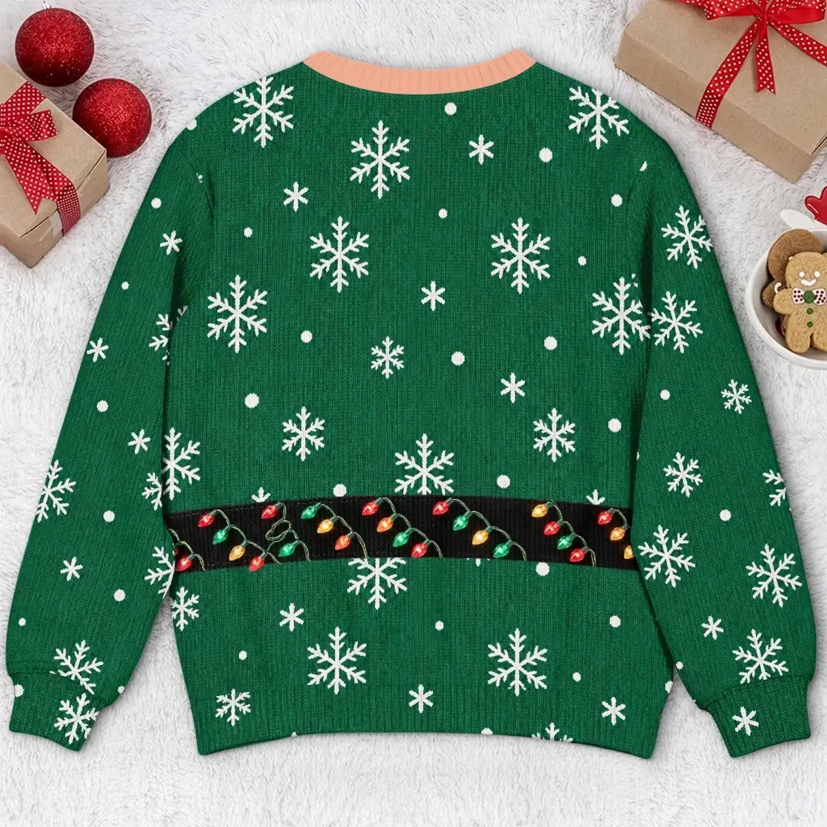 Back of green Christmas sweatshirt with snowflakes and a flat printed festive-light belt
