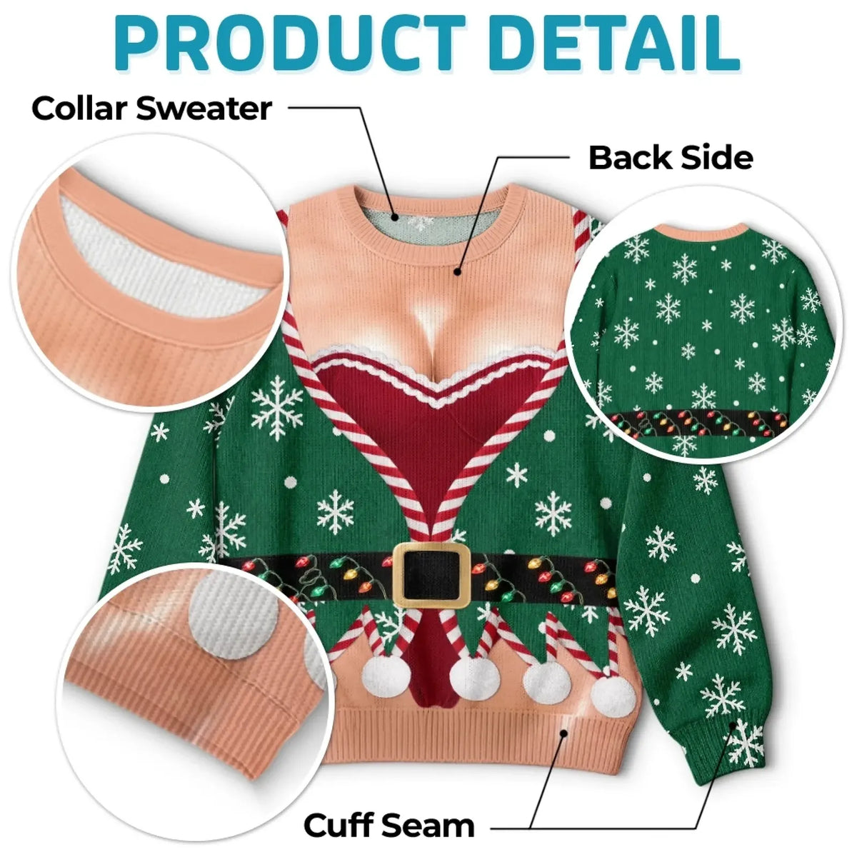 Detail views of green elf-illusion sweatshirt neckline, cuffs and printed back