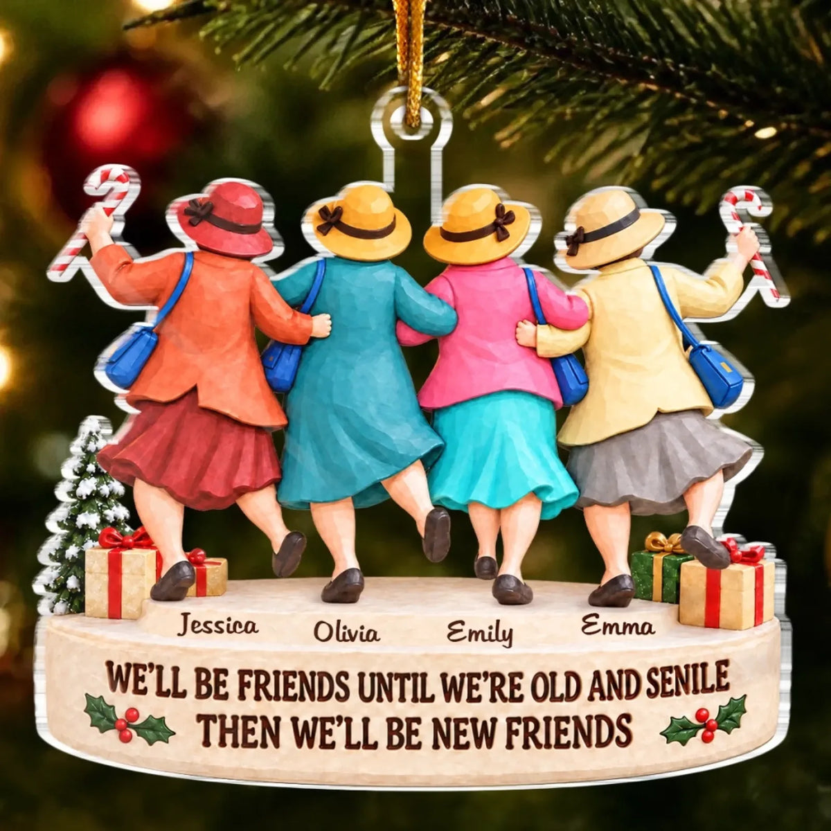 Four-friends Christmas acrylic ornament with example names and friendship quote