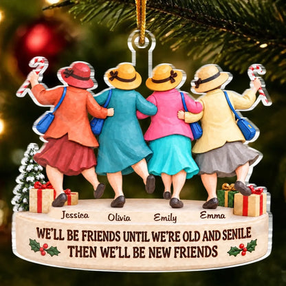 Four-friends Christmas acrylic ornament with example names and friendship quote