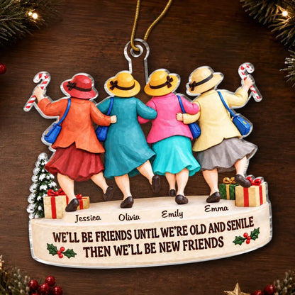 Friends ornament with colorful coats and hats displayed against wood