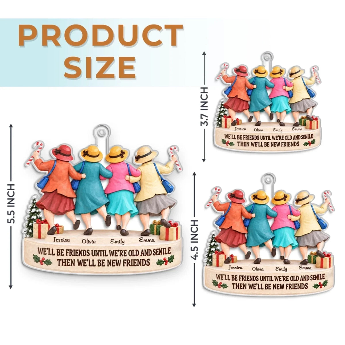 Friends acrylic ornament height guide for 3.7, 4.5 and 5.5 inches