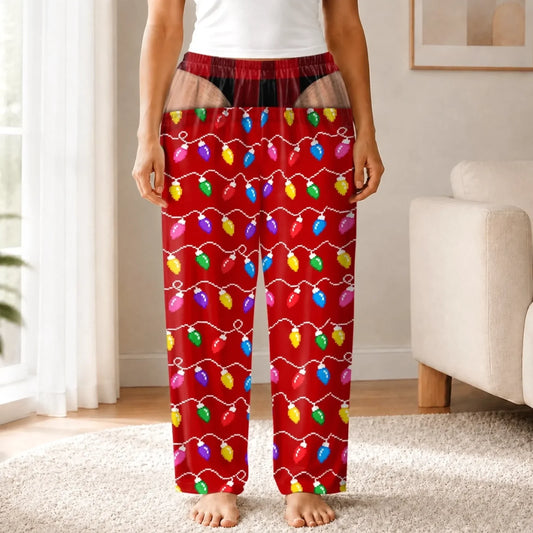 Red Christmas lights print pajama pants, front view
