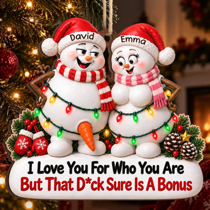 Personalized snowman couple wooden ornament with adult-humor message