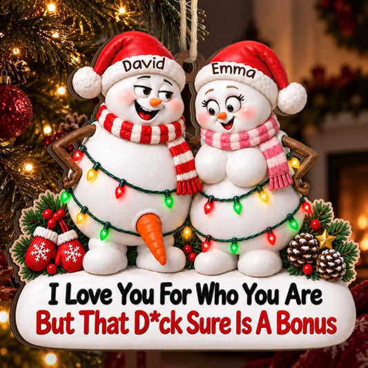 Personalized snowman couple wooden ornament with adult-humor message