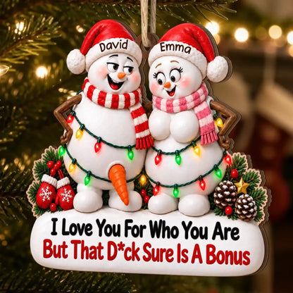 Snowman couple ornament with example names David and Emma