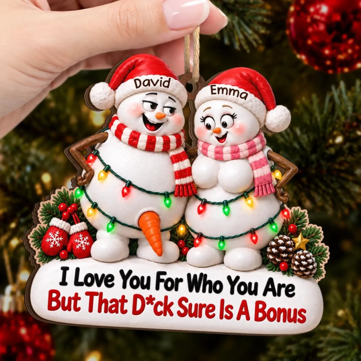 Hand holding snowman couple adult-humor Christmas ornament