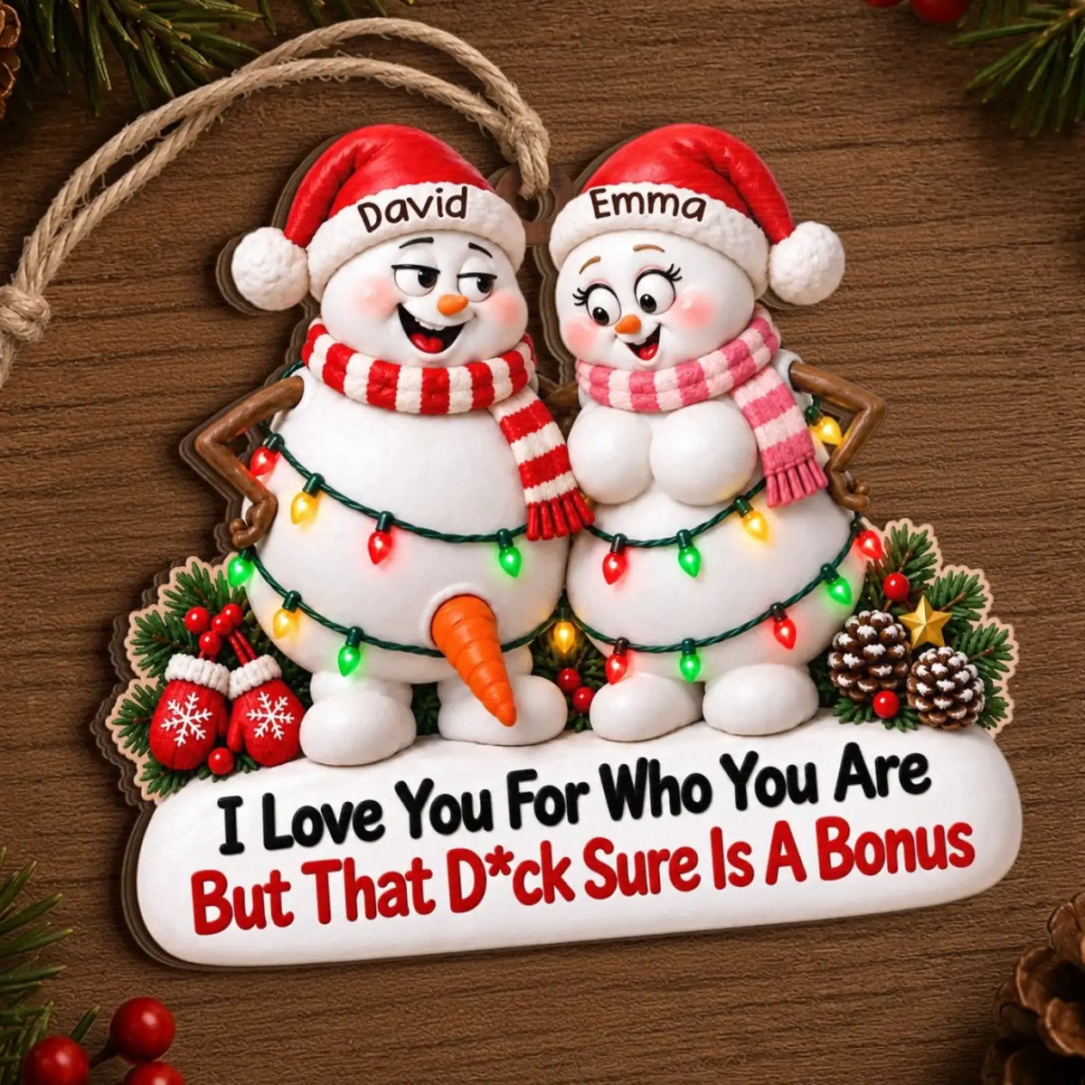 Snowman couple wooden ornament displayed on wood