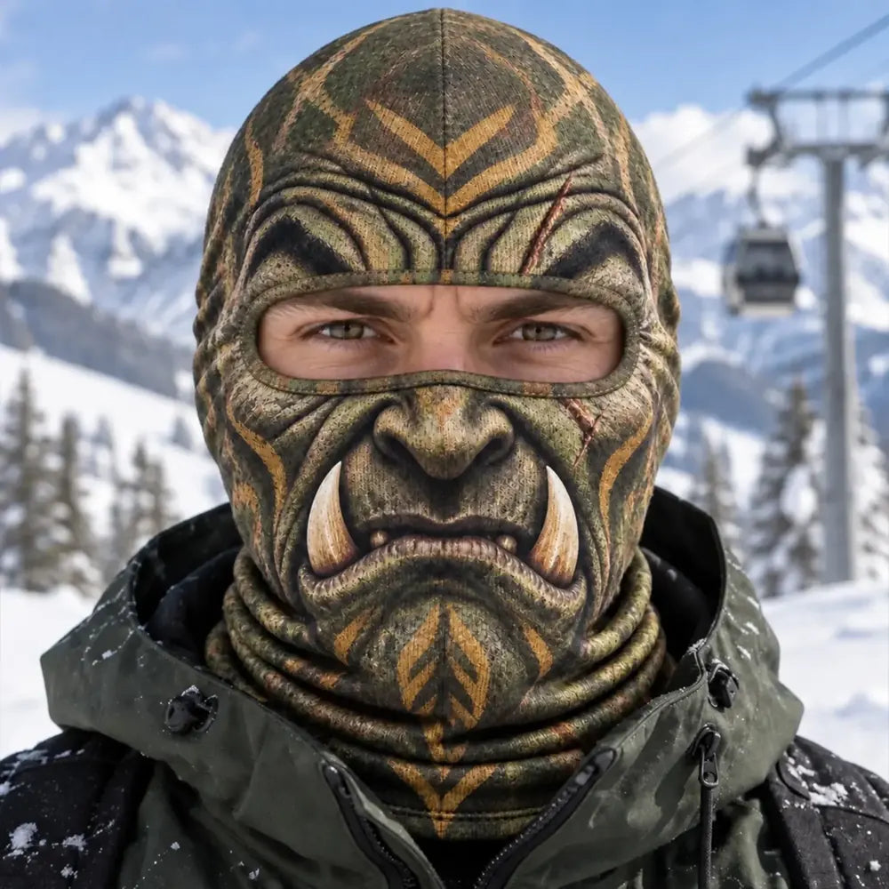 Olive and Gold Orc print balaclava with flat printed tusks and facial markings
