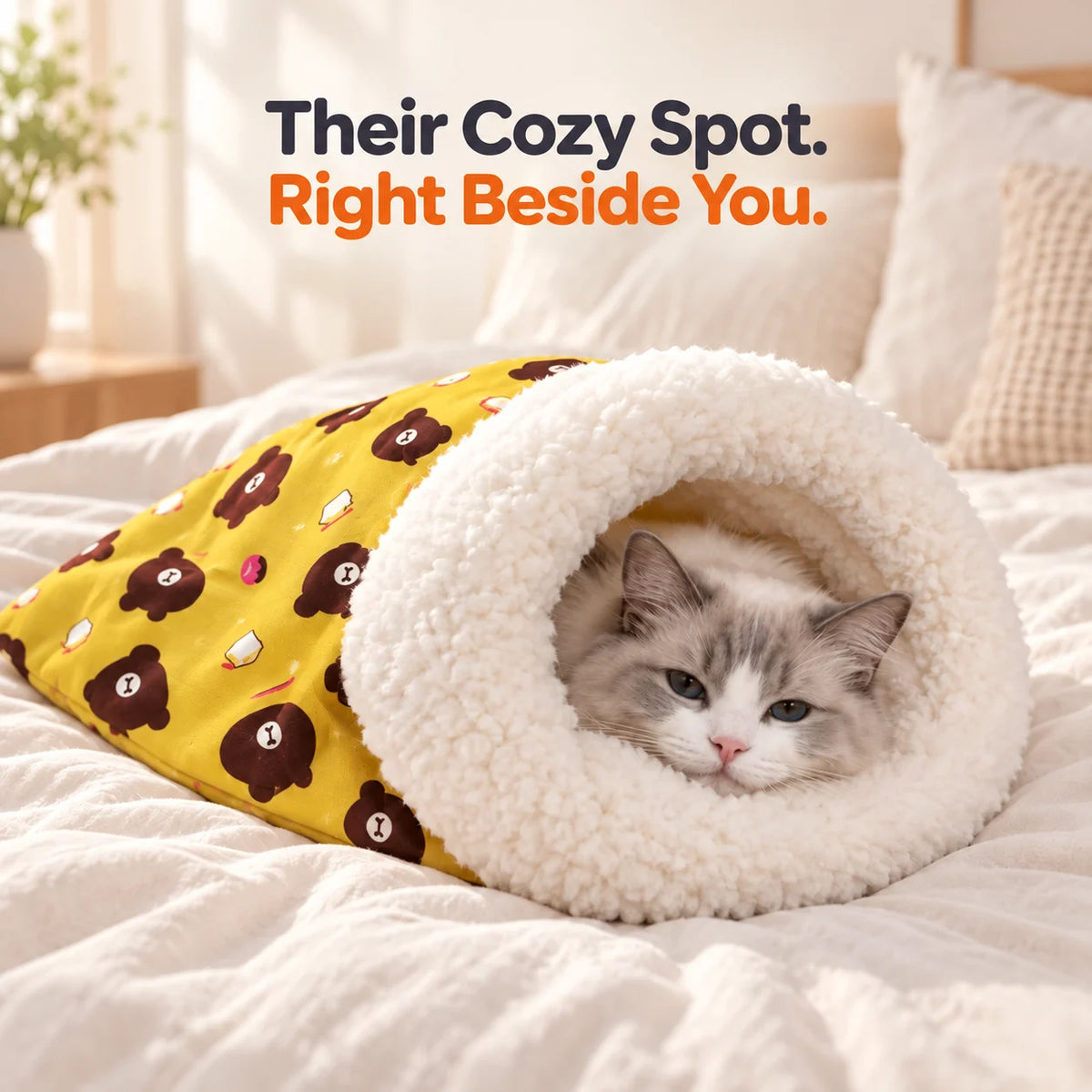 Cat resting inside yellow bear-print sleeping bag bed