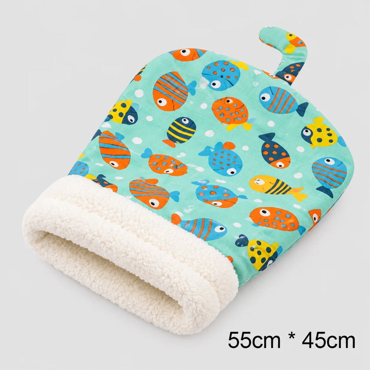 Green cat sleeping bag with fish print
