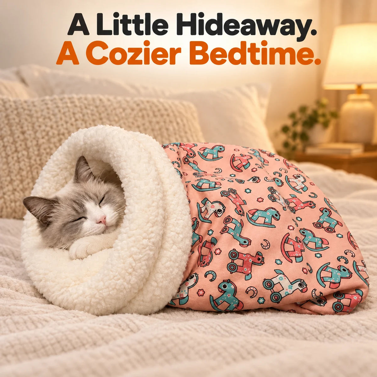 Cat inside pink elephant-print sleeping bag bed