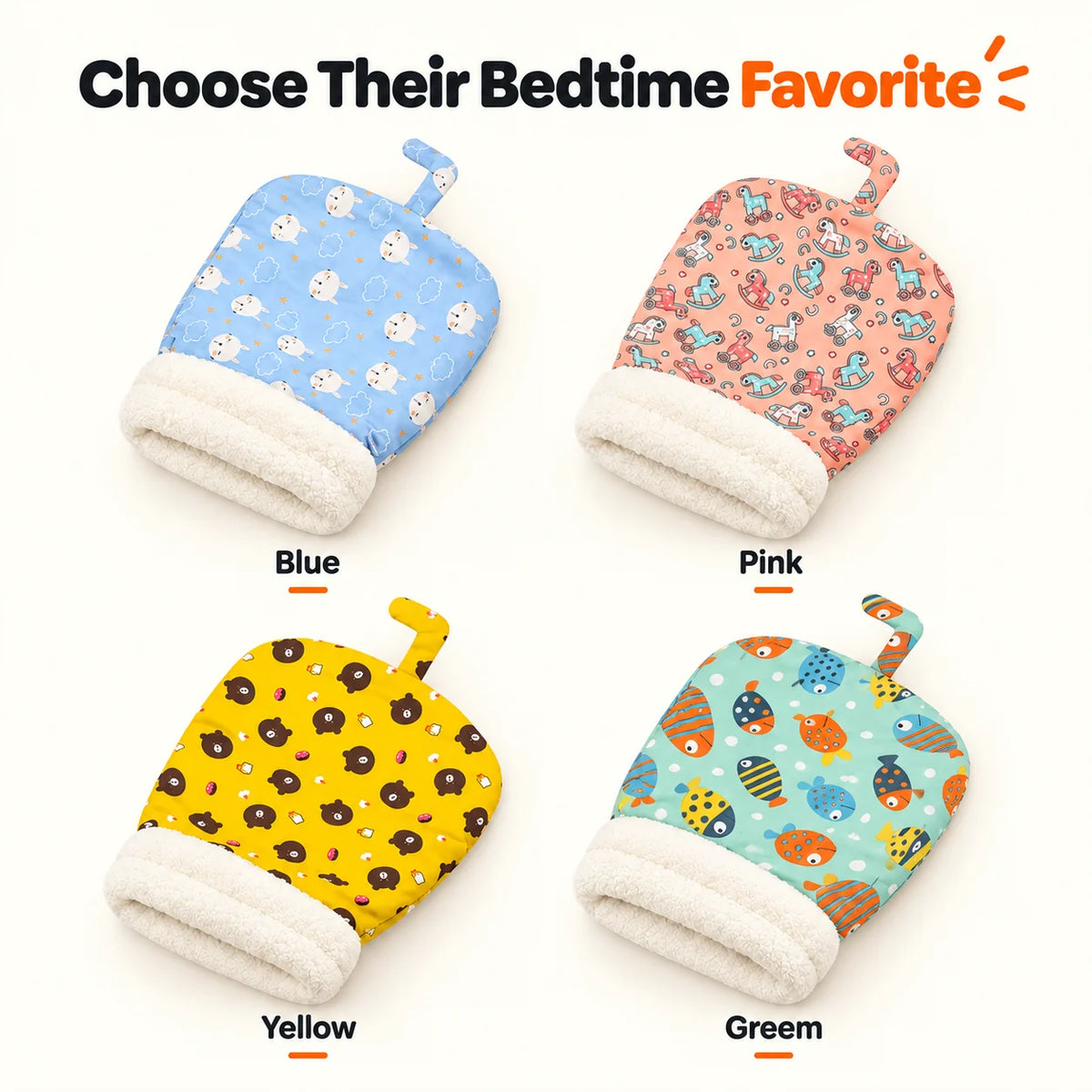 Blue, Pink, Yellow and Green cat sleeping bag color options
