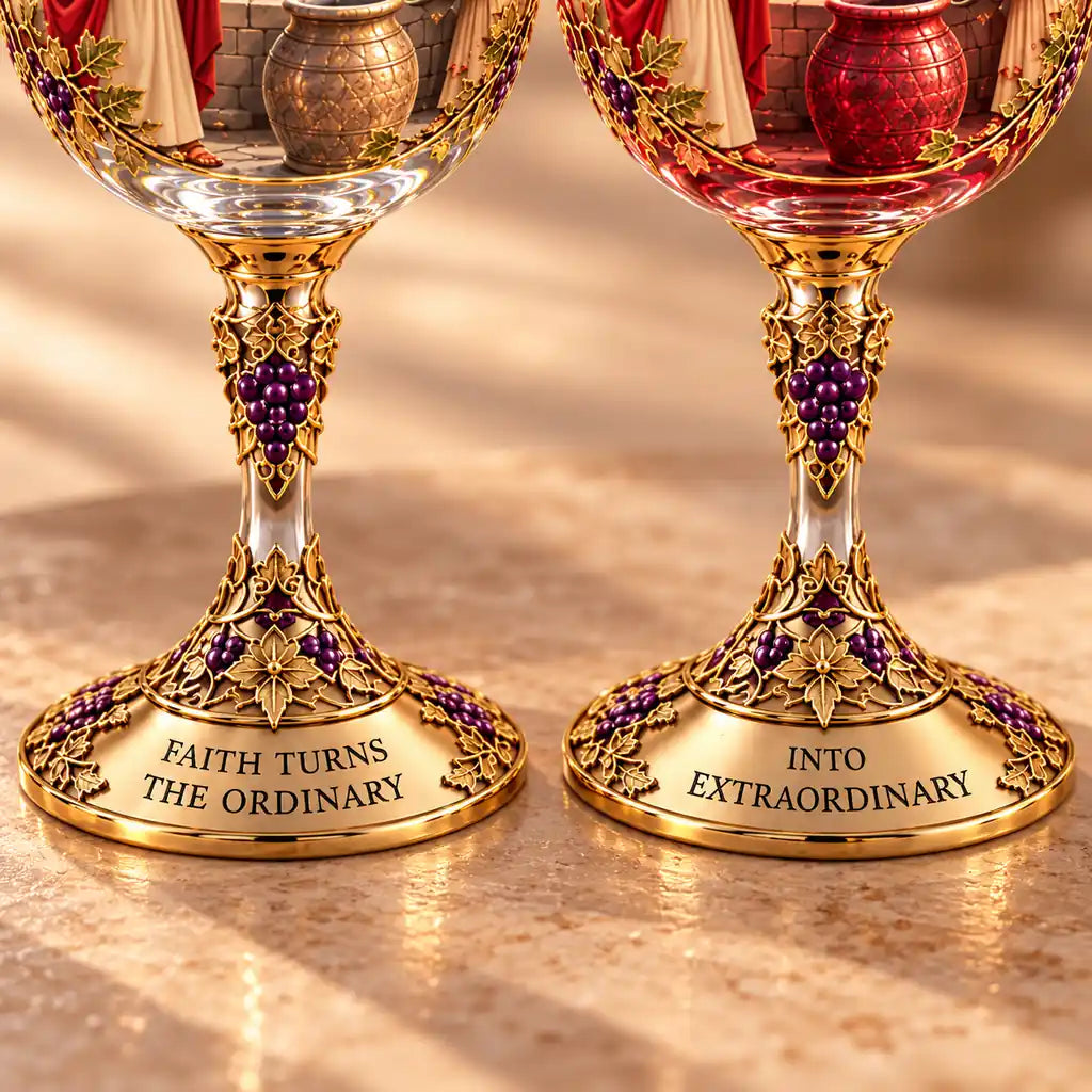 Illustrative product view: Close-up of both Cana glasses' gold grapevine stems, purple grape details, and matching message inscribed across their bases.