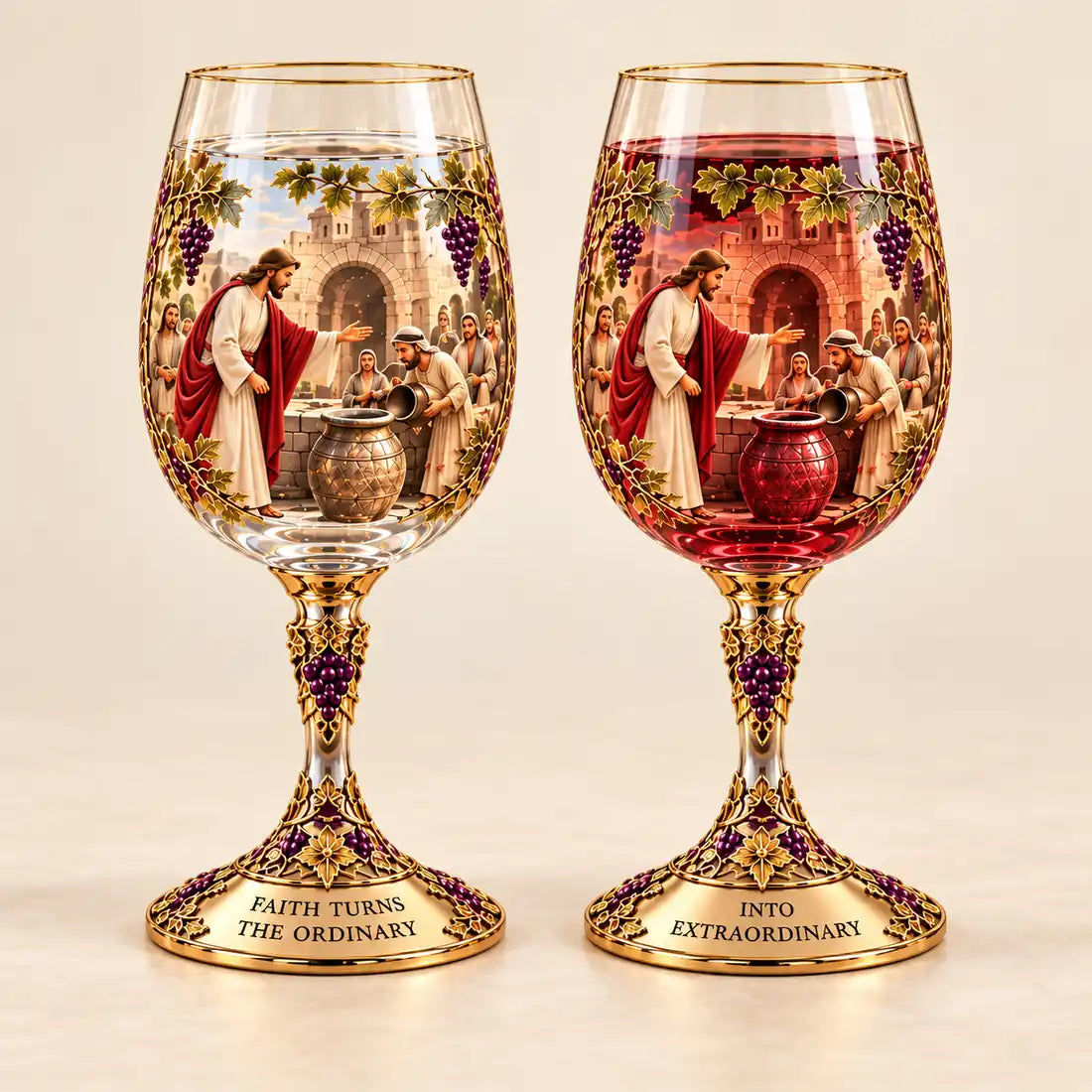 Illustrative product view: The two Cana decorative glasses with distinct pale and red Biblical scenes, gold grapevine stems, and inscribed bases on a warm ivory backdrop.