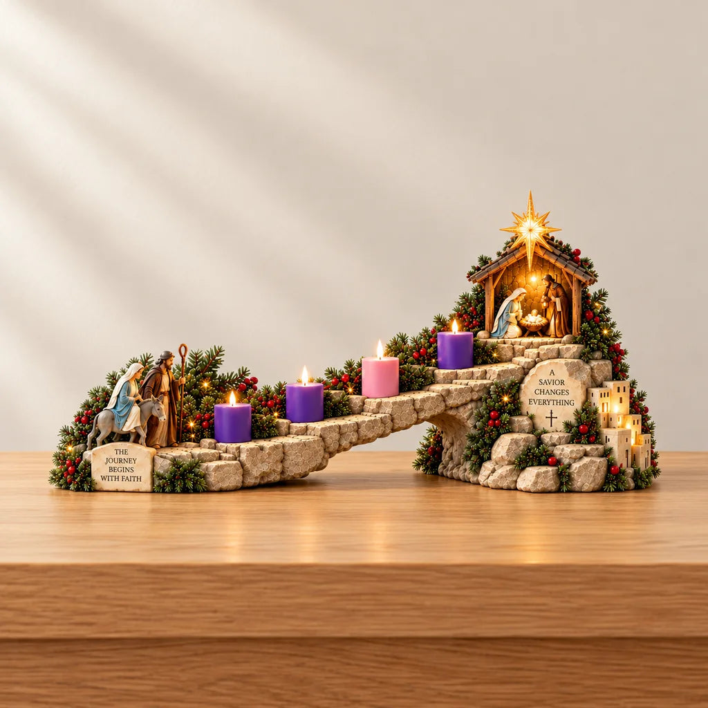 Illustrative product view: Journey to Bethlehem Advent display with four colored markers, a rising stone-look path and Nativity scene on a warm neutral tabletop.