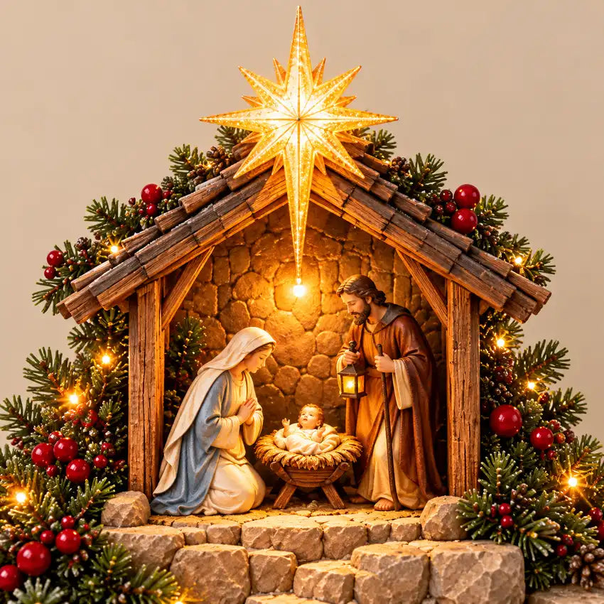 Illustrative product view: Close-up of the Journey to Bethlehem Nativity scene with Mary, Joseph and baby Jesus beneath the star.
