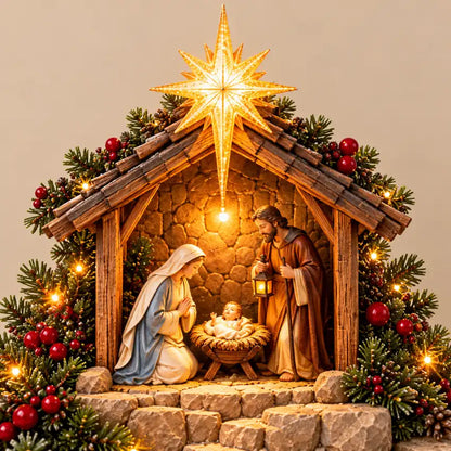 Illustrative product view: Close-up of the Journey to Bethlehem Nativity scene with Mary, Joseph and baby Jesus beneath the star.