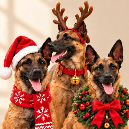 Illustrative product view: Close-up of three Belgian Malinois figurines with a Santa hat and scarf, reindeer antlers, and a Christmas wreath.
